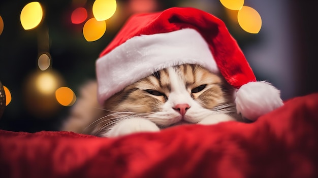 Gato usa chapéu de Papai Noel vermelho na véspera de Natal Generative AI