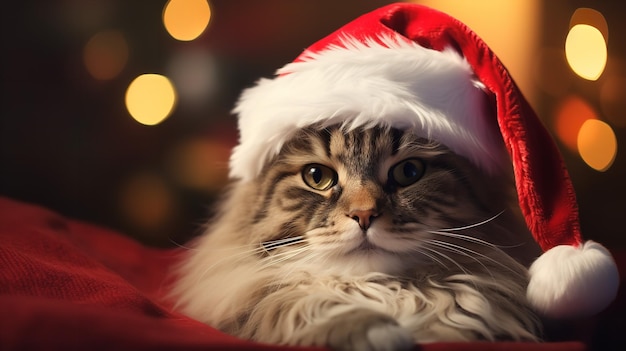 Gato usa chapéu de Papai Noel vermelho na véspera de Natal Generative AI