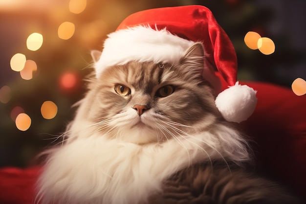 Gato usa chapéu de Papai Noel vermelho na véspera de Natal Generative AI
