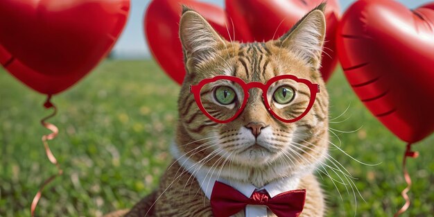 Foto el gato usa gafas rojas, el fondo de la fiesta del gato, el estandarte de la festa del gato.