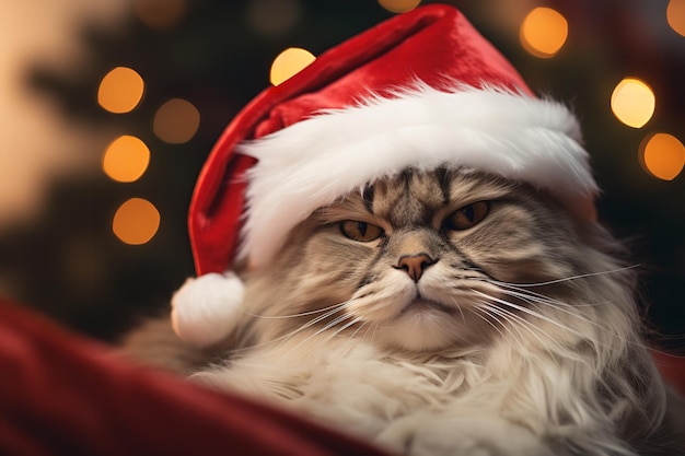 Gato usa gorro rojo de Papá Noel para Nochebuena Generative AI