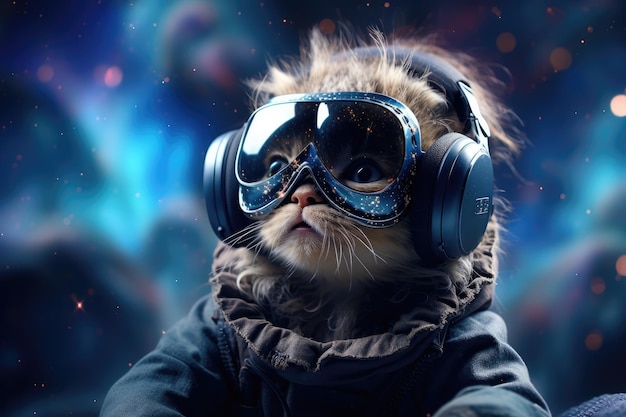 Gato usando fone de ouvido VR surreal galáxia cósmica e fundo colorido Generative AI