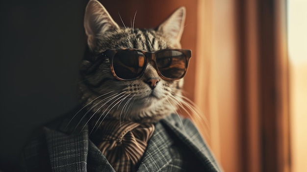 Gato usando óculos de sol e gravata de papagaio