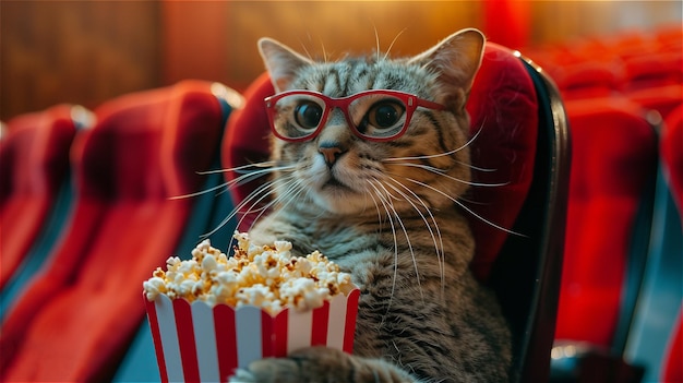 Gato usando óculos e segurando pipoca está sentado no cinema