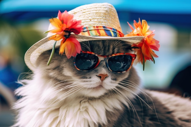 Gato usando óculos escuros e chapéu aproveita férias na praia