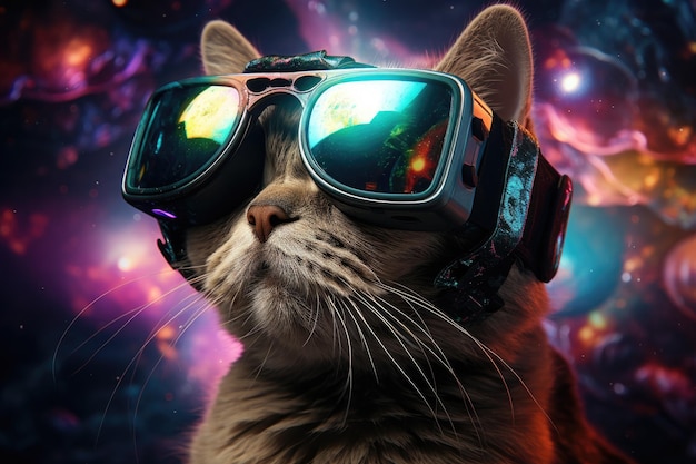 Un gato con un usuario de auriculares VR mundo surrealista y campos de flores coloridos de realidad virtual IA generativa