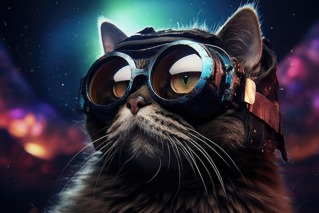 Un gato con un usuario de auriculares VR mundo surrealista y campos de flores coloridos de realidad virtual IA generativa