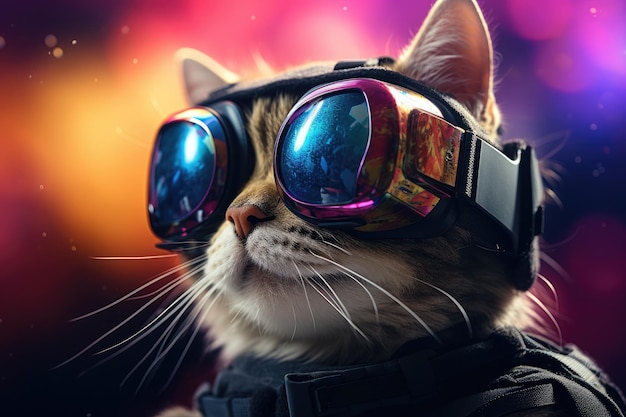 Un gato con un usuario de auriculares VR mundo surrealista y campos de flores coloridos de realidad virtual IA generativa