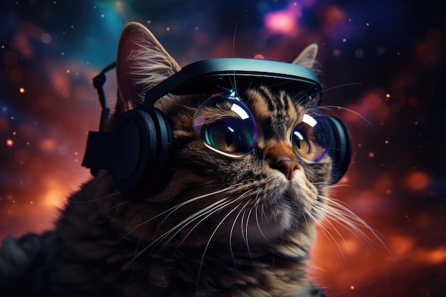 Un gato con un usuario de auriculares VR mundo surrealista y campos de flores coloridos de realidad virtual IA generativa