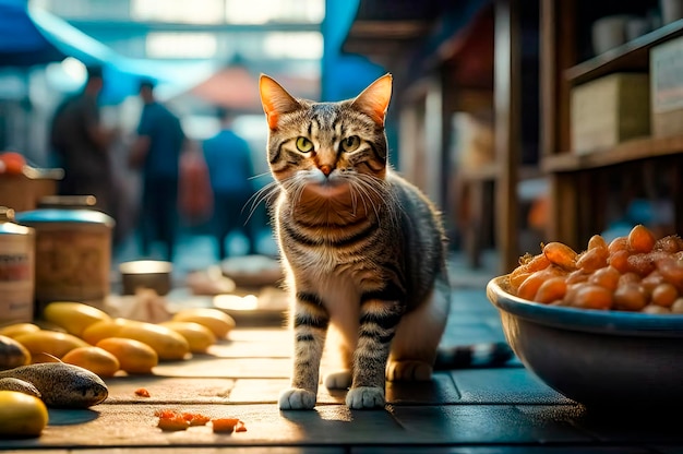 Foto gato vagabundo à procura de comida num mercado de alimentos
