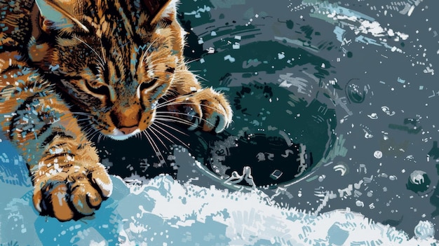 Un gato valiente está pescando en el hielo