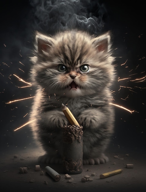 Un gato con una vela en la boca.