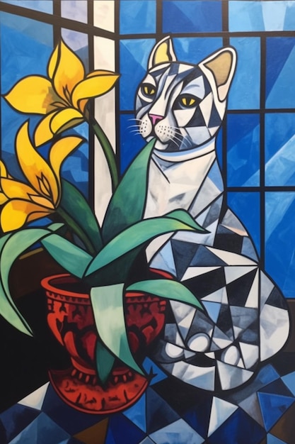 Un gato en una ventana con una flor.