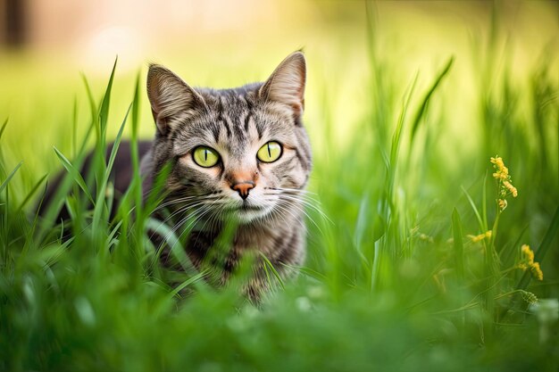 Gato de verano en la hierba verde Adorable gato con impresionantes ojos amarillos