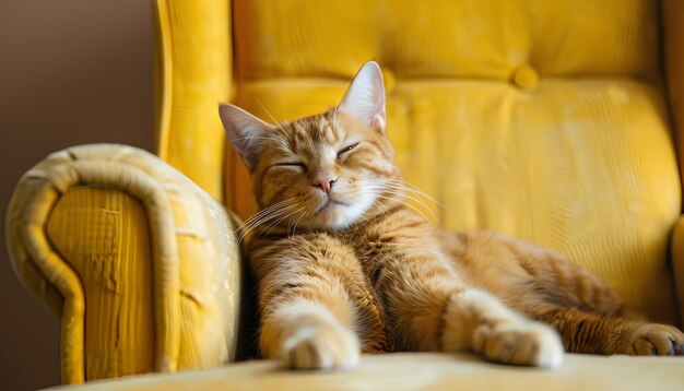 Gato vermelho bonito deitado em uma poltrona perto de uma parede bege