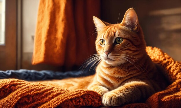 Gato vermelho bonito deitado na cama com um cobertor quente ai generativo