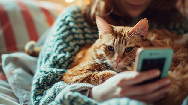 Gato vermelho bonito deitado na cama enquanto o dono do animal usa um smartphone