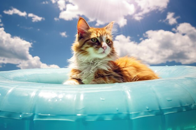 Foto gato vermelho bonito relaxando na piscina em um dia de verão ensolarado