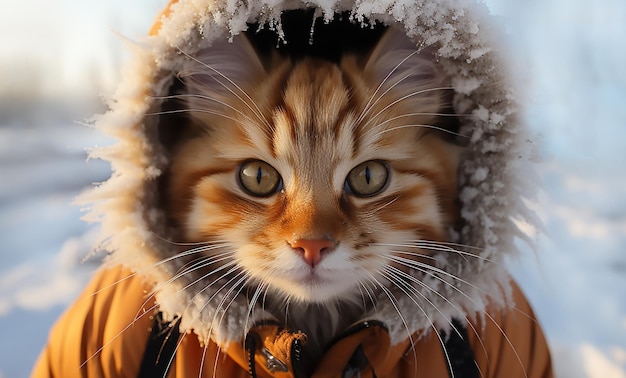 gato vermelho com roupas quentes no inverno
