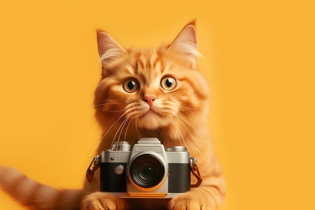 Gato vermelho com uma câmera em fundo amarelo gerado pela IA