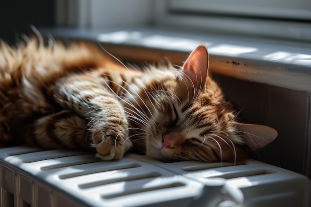 Gato vermelho de casa deitado perto da janela no radiador de aquecimento Um gato de estimação dormindo e se aquecendo contra a janela em um dia frio de inverno