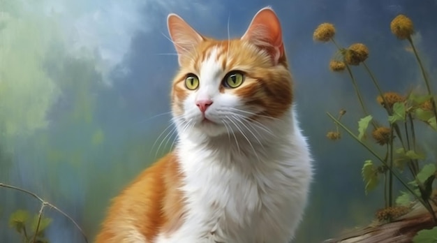 Gato vermelho e branco com olhos verdes senta-se em um galho com flores