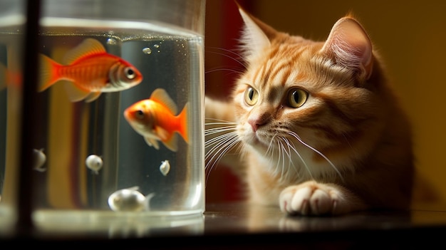 Gato vermelho e peixinho dourado em um aquário de vidro fechado