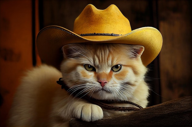 Gato vermelho em um chapéu de cowboy amarelo ilustração de gato engraçado Generative AI