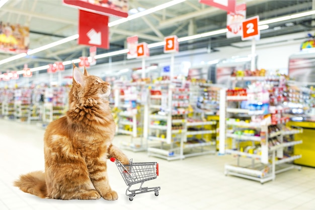 Gato vermelho fofo com carrinho de compras na loja