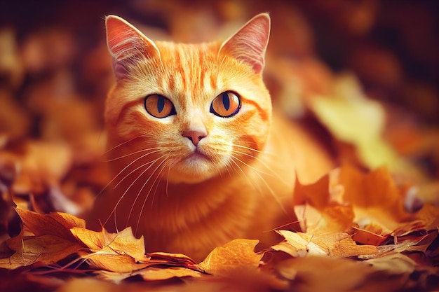 Gato vermelho gatinho com folhas de outono laranja cai no parque