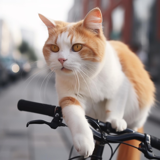 Gato vermelho sentado em uma bicicleta na rua