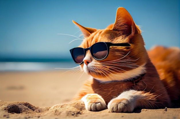 Gato vermelho usando óculos escuros na praia Horário de verão Generative AI