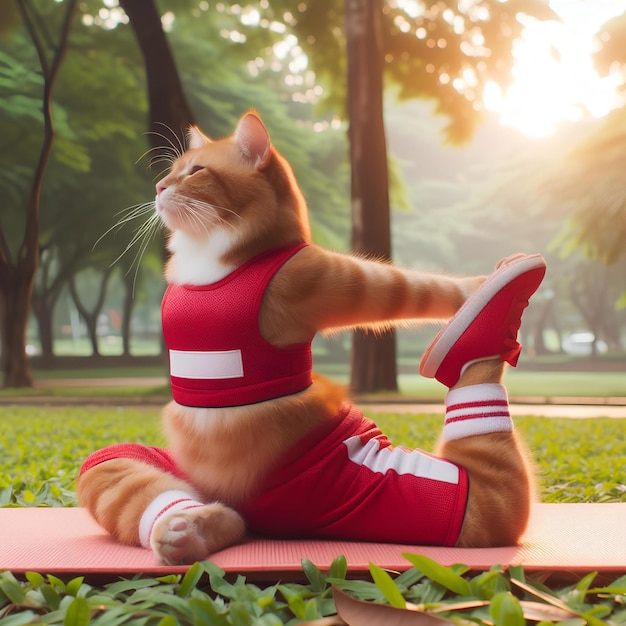 Foto gato vermelho vestindo roupas esportivas fazendo ioga no parque público