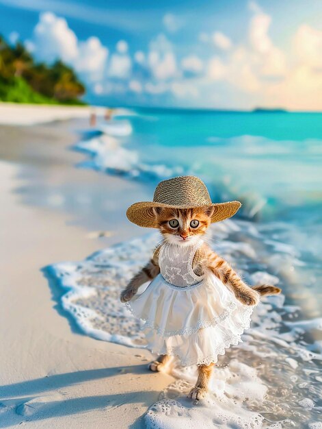 Foto gato con vestido blanco y sombrero de paja camina por la playa