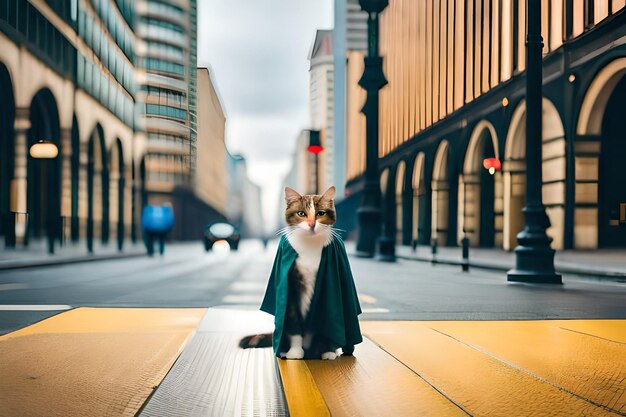 Foto un gato vestido con una capa está en la calle