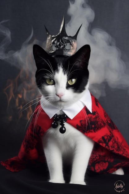 Gato vestido con capa roja y corona del diablo para la fiesta festiva de Halloween Fondo de fuego y humo