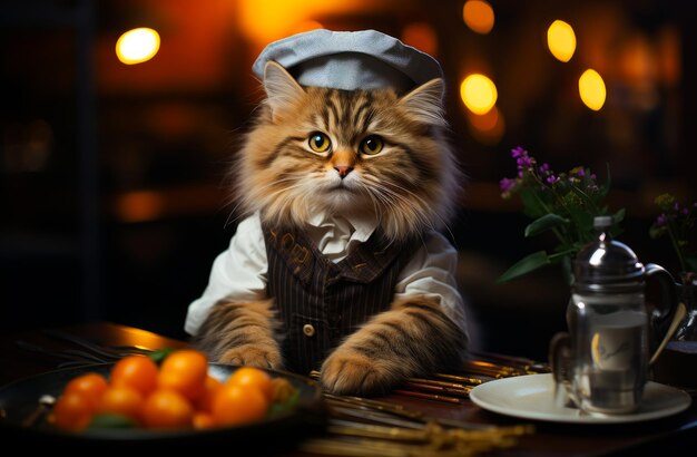 Un gato vestido de chef sentado en una mesa