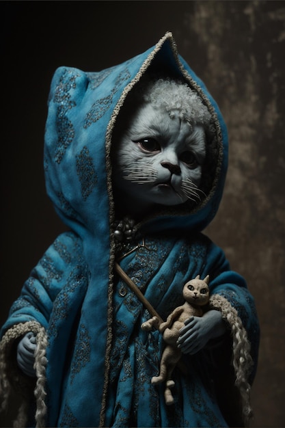 Gato vestido com uma túnica azul segurando um ursinho de pelúcia generativo ai