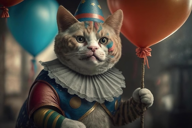 Gato vestido como un rey con una gorra de cumpleaños sosteniendo globos IA generativa