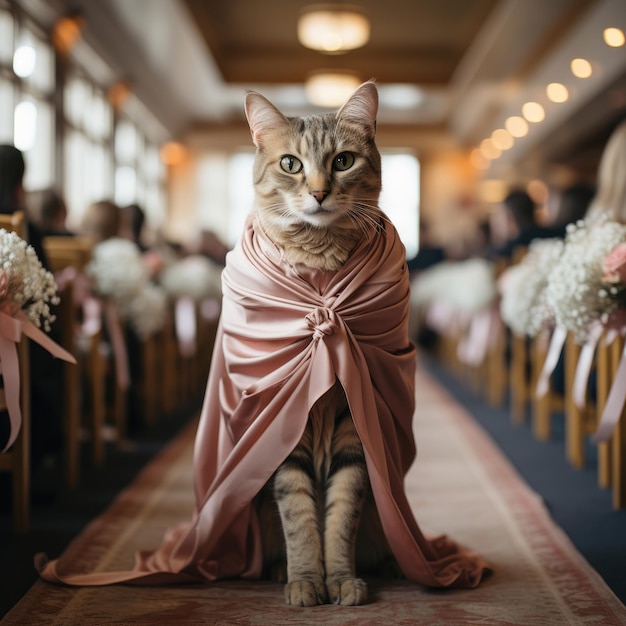 gato con vestido de dama de honor caminando por el pasillo