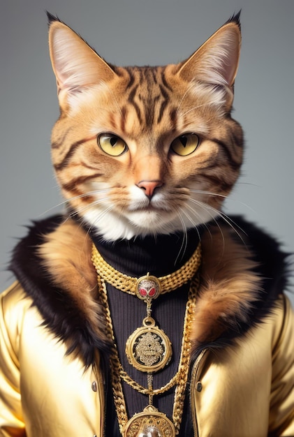 Foto un gato con un vestido dorado con una cadena de oro alrededor.