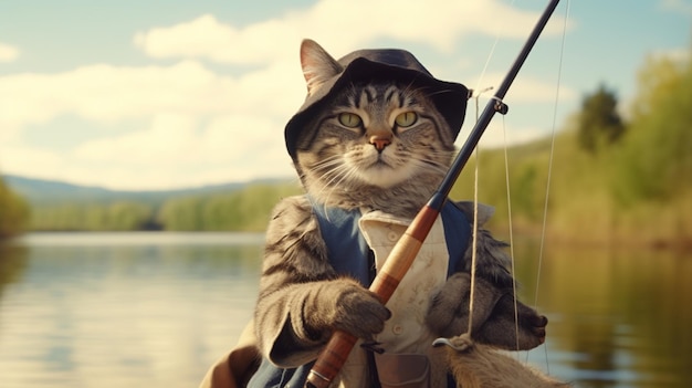 gato vestindo chapéu e uniformes de férias com vara de pesca mão fundo do rio IA generativa