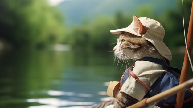 gato vestindo chapéu e uniformes de férias com vara de pesca mão fundo do rio IA generativa