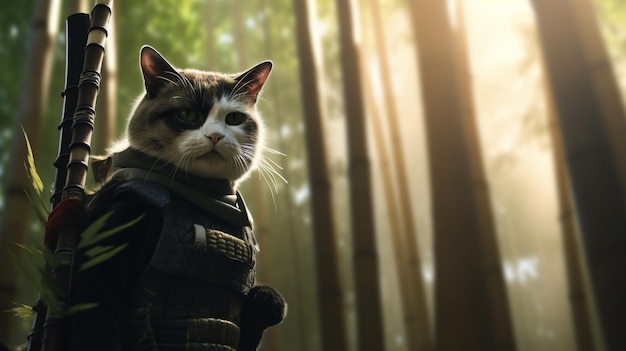 gato vestindo uniformes de ninja com espada katana na mão IA gerativa