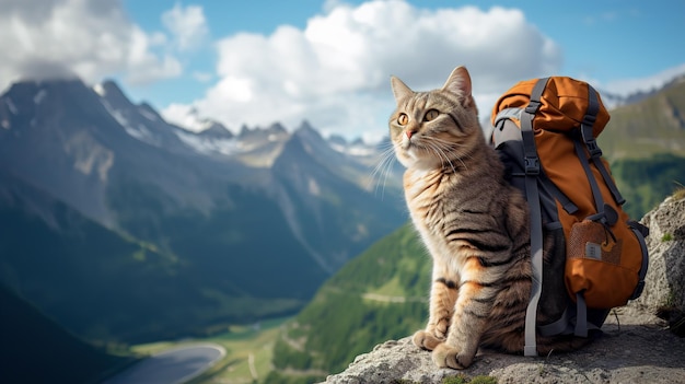 Foto gato viajante com uma mochila nas montanhas