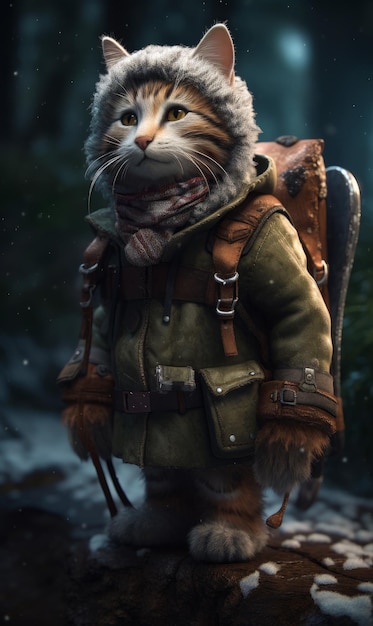 Gato viajero con gorra cálida, bufanda y chaqueta. Felino del bosque vagando por el bosque en invierno. IA generativa.
