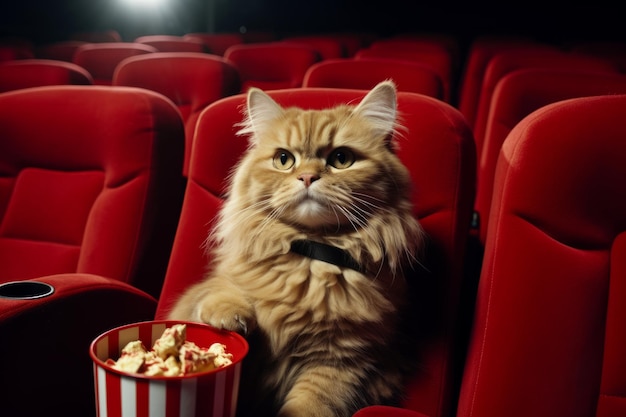 Gato viendo una película en el cine Banner divertido para anunciar una tienda de mascotas o cine