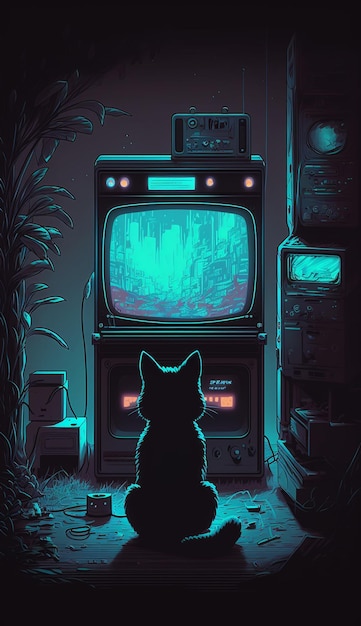 Un gato viendo la televisión en un cuarto oscuro