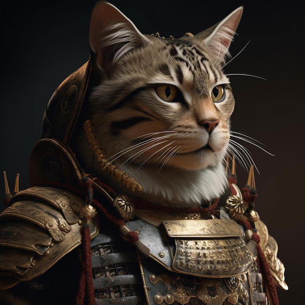 Un gato viste un uniforme de samurái y tiene una cadena de oro alrededor del cuello.