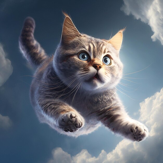 Gato voando imagem de fundo do céu azul Arte gerada por Ai